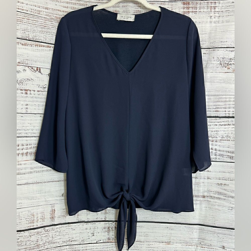 Lola & Sophie Blouse Womens Size Small V Neck‎ tie front Polly Chiffon Navy Blue